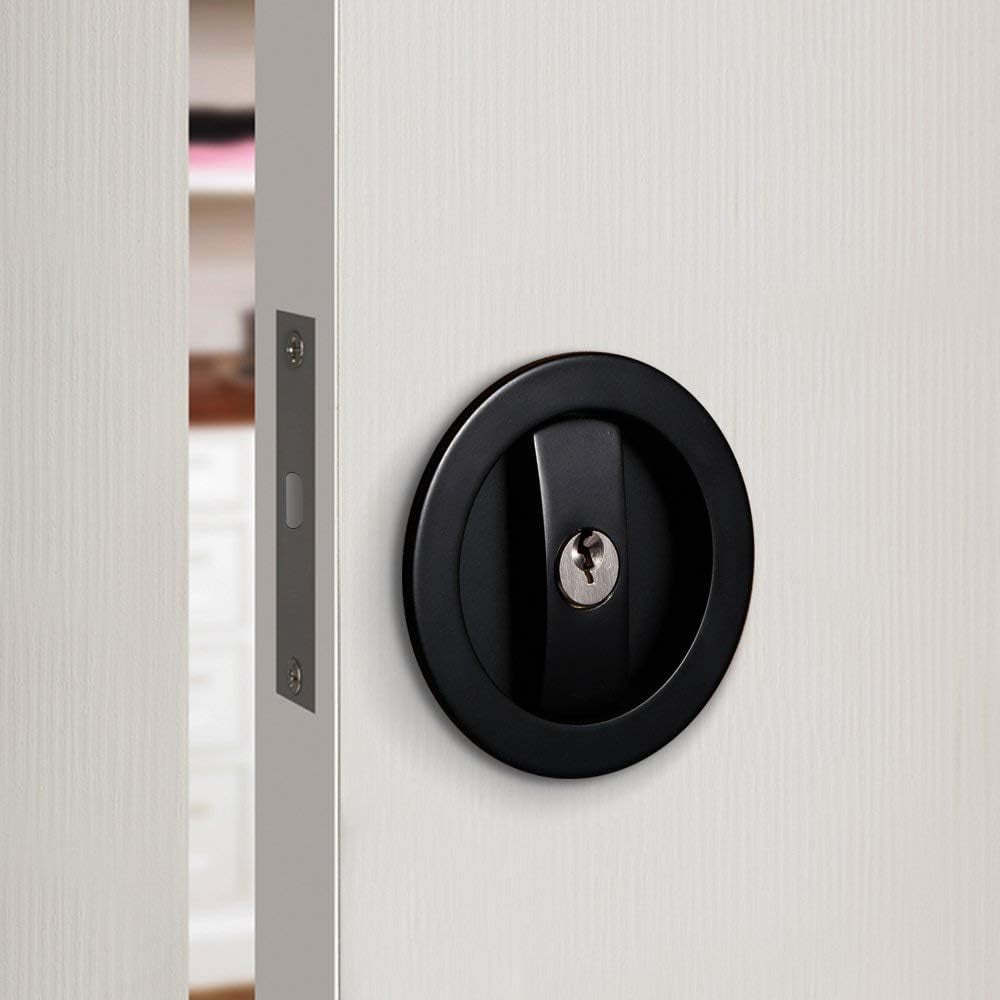 CCJH Invisible Barn Wood Sliding Door Gate Cup Handle Lock Hardware with Keys (Black (Dia-2 61/64")