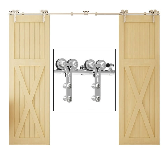 CCJH Stainless Steel 5FT Sliding Barn Door Hardware Kit Fit 15” Width Double Door Y-Shaped Silver