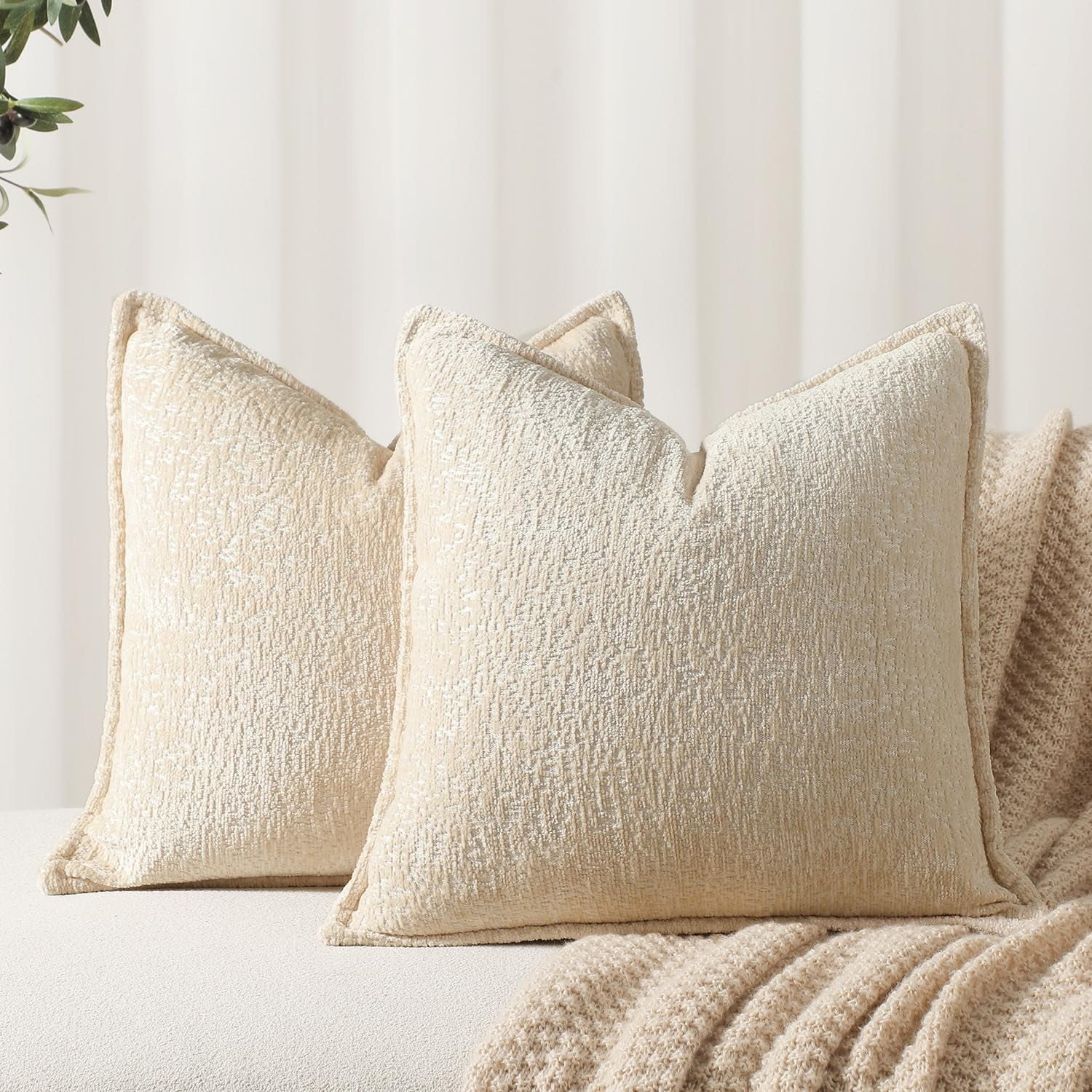 Beige Chenille 20" Square Throw Pillow Covers, Set of 2