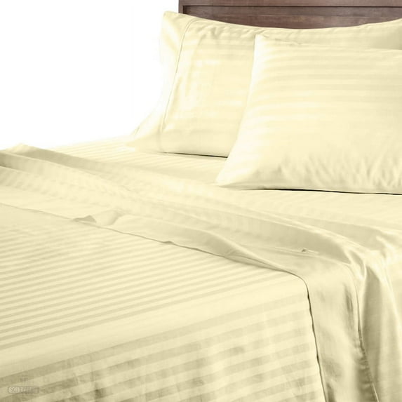 CCNY 100% Egyptian Cotton 400 TC Sheet Set 4 Pc Sheet Set 1 Fitted Sheet, 1 Flat Sheet & 2 Pillowcases 21 Inch Deep Pocket (Olympic Queen-Ivory Stripe)