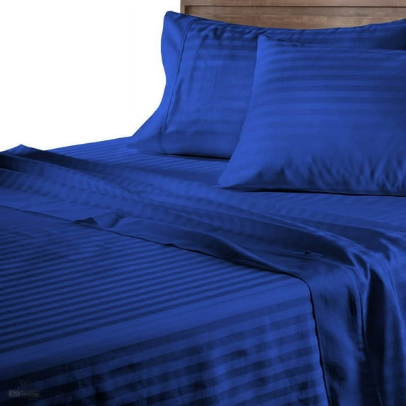 CCNY 100% Egyptian Cotton 400 TC Sheet Set 5 Pc Sheet Set 2 Fitted Sheet, 1 Flat Sheet & 2 Pillowcases 15 Inch Deep Pocket (Split Queen-Royal Blue Stripe)