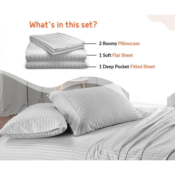 CCNY 100% Egyptian Cotton 600 TC Sheet Set 4 Pc Sheet Set 1 Fitted Sheet, 1 Flat Sheet & 2 Pillowcase (Queen, Light Gray Stripe)