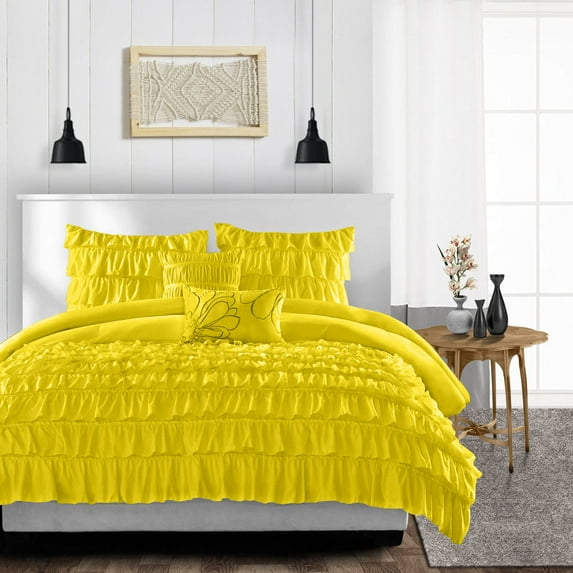 CCNY 100% Microfiber Duvet Cover with 2 Matching Pillowcases Alaskan King Size Multi Ruffle Pattern, Zipper Closure, Corner Ties (Yellow)