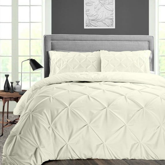 CCNY 100% Microfiber Duvet Cover with 2 Matching Pillowcases Alaskan King Size Pinch Pattern, Zipper Closure, Corner Ties (Ivory)