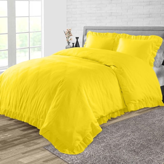 CCNY 100% Microfiber Duvet Cover with 2 Matching Pillowcases King/Cal King Size Trimmed Ruffle Pattern, Zipper Closure, Corner Ties (Yellow)