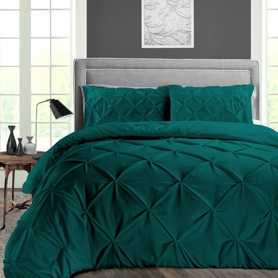 CCNY 100% Microfiber Duvet Cover with 2 Matching Pillowcases Oversized King Size Pinch Pattern, Zipper Closure, Corner Ties (Teal)