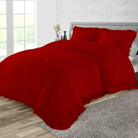 CCNY 100% Microfiber Duvet Cover with 2 Matching Pillowcases Oversized King Size Trimmed Ruffle Pattern, Zipper Closure, Corner Ties (Blood Red)