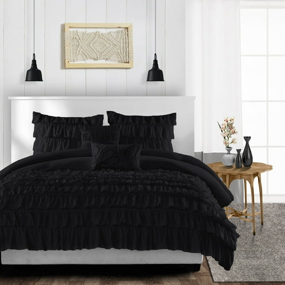 CCNY 100% Microfiber Duvet Cover with 2 Matching Pillowcases Oversized Queen Size Multi Ruffle Pattern, Zipper Closure, Corner Ties (Black)