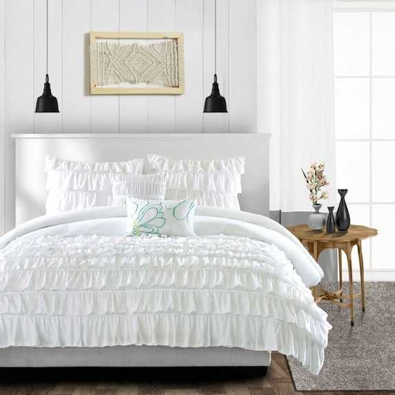CCNY 100% Microfiber Duvet Cover with 2 Matching Pillowcases Oversized Queen Size Multi Ruffle Pattern, Zipper Closure, Corner Ties (White)
