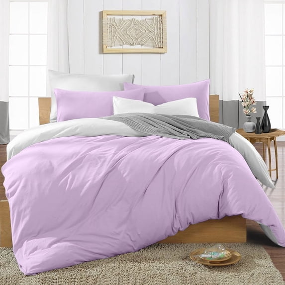 CCNY 100% Microfiber Duvet Cover with 2 Matching Pillowcases Queen/Full Size Reversible Pattern, Zipper Closure, Corner Ties (Lilac)