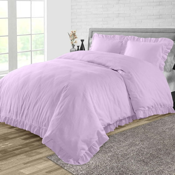 CCNY 100% Microfiber Duvet Cover with 2 Matching Pillowcases Queen/Full Size Trimmed Ruffle Pattern, Zipper Closure, Corner Ties (Lilac)
