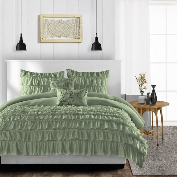 CCNY 100% Microfiber Duvet Cover with 2 Matching Pillowcases Twin/Twin XL Size Multi Ruffle Pattern, Zipper Closure, Corner Ties (Moss)