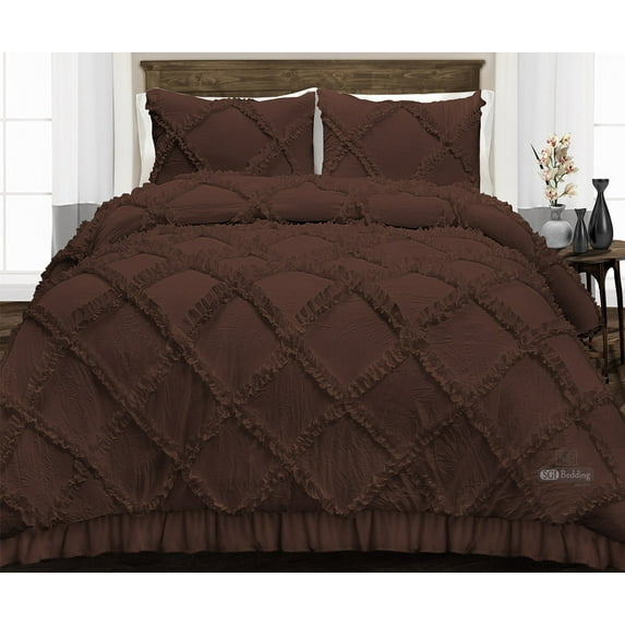 CCNY 100% Microfiber Made Comforter with 2 Pillow Cases Size- Full Burgundy Diamond Ruffle Pattern Quilte Case