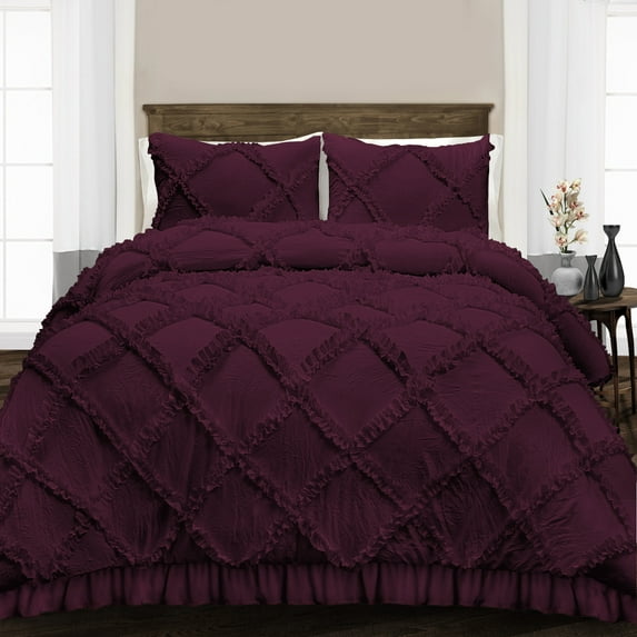 CCNY 100% Microfiber Made Comforter with 2 Pillow Cases Size- King Wine Diamond Ruffle Pattern Quilte Case
