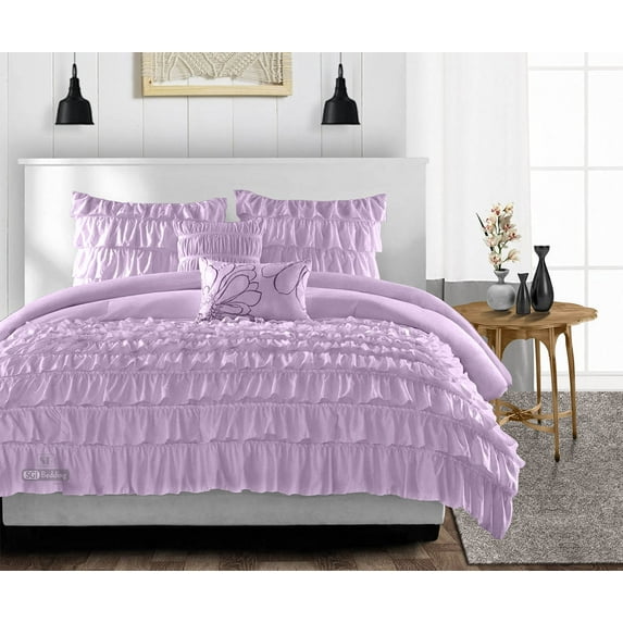 CCNY 100% Microfiber Made Comforter with 2 Pillow Cases Size- Oversized Palatial King Lilac Multi Ruffle Pattern Quilte Case
