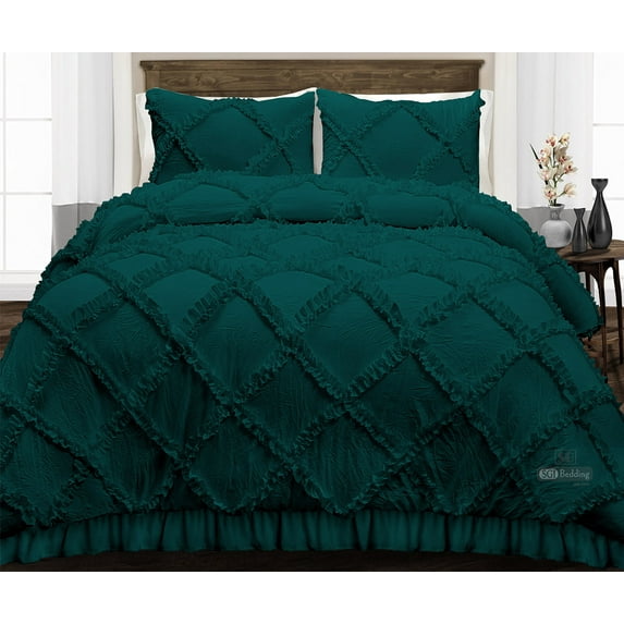 CCNY 100% Microfiber Made Comforter with 2 Pillow Cases Size- Oversized Palatial King Teal Diamond Ruffle Pattern Quilte Case