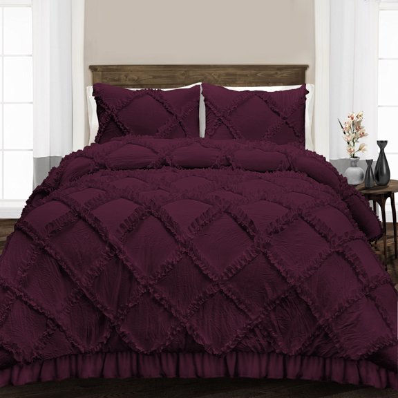 CCNY 100% Microfiber Made Comforter with 2 Pillow Cases Size- Oversized Queen Wine Diamond Ruffle Pattern Quilte Case
