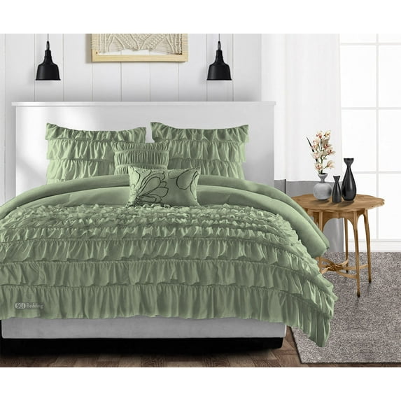 CCNY 100% Microfiber Made Comforter with 2 Pillow Cases Size- Super King Moss Multi Ruffle Pattern Quilte Case