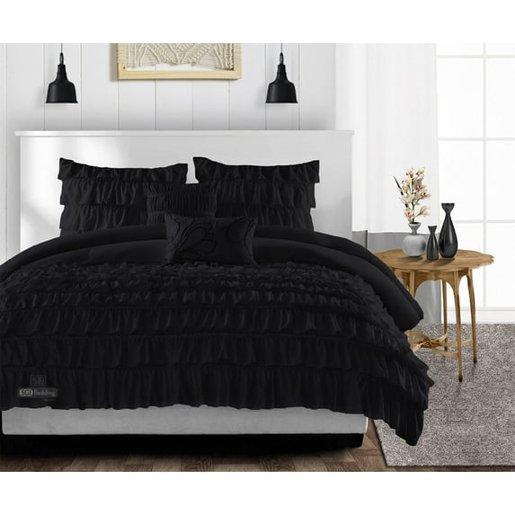 CCNY 100% Microfiber Made Comforter with 2 Pillow Cases Size- Super King Plus Black Multi Ruffle Pattern Quilte Case
