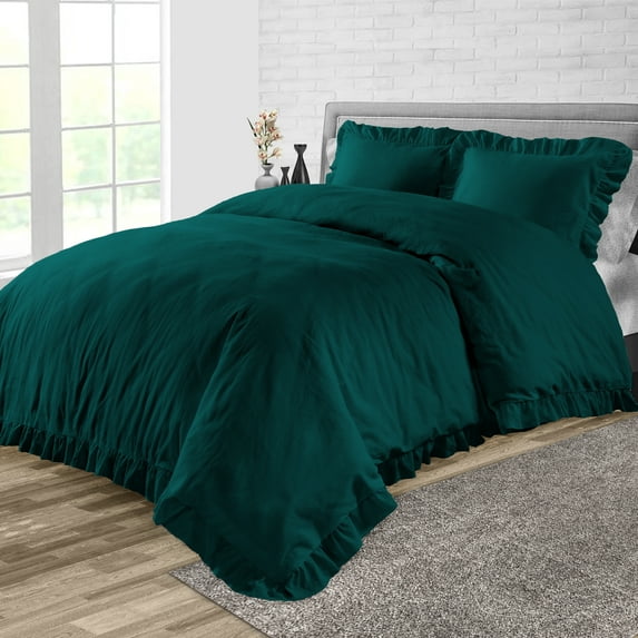 CCNY 1000 TC 100% Egyptian Cotton Duvet Cover with 2 Matching Pillowcases Alaskan King Size Trimmed Ruffle Pattern, Zipper Closure, Corner Ties (Teal)