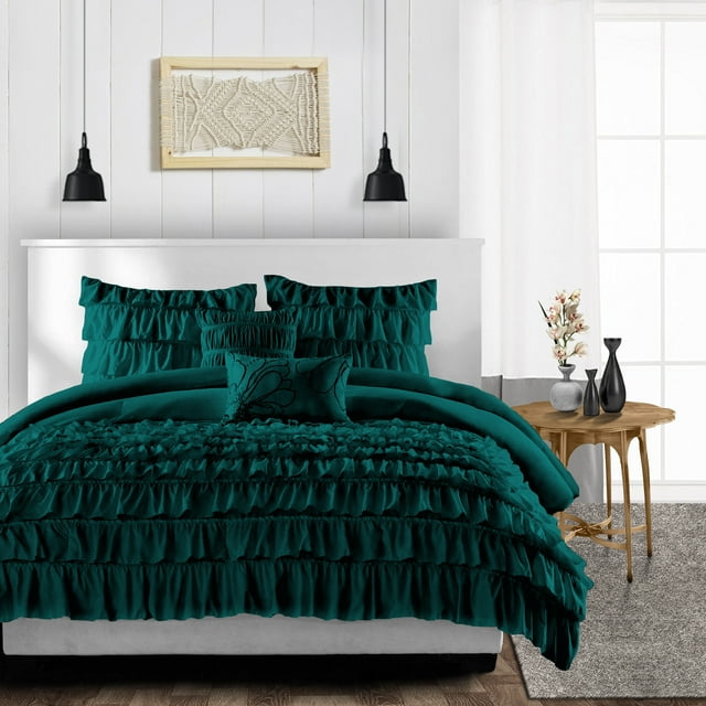 CCNY 1000 TC 100% Egyptian Cotton Duvet Cover with 2 Matching Pillowcases Oversized King Size Multi Ruffle Pattern, Zipper Closure, Corner Ties (Teal)