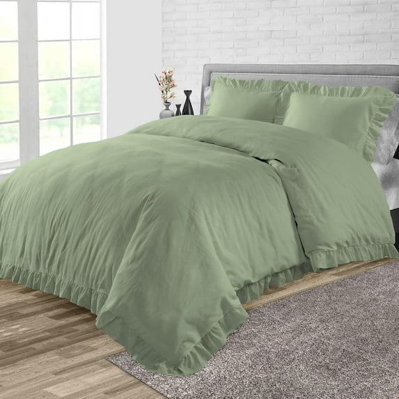 CCNY 1000 TC 100% Egyptian Cotton Duvet Cover with 2 Matching Pillowcases Oversized King Size Trimmed Ruffle Pattern, Zipper Closure, Corner Ties (Moss)