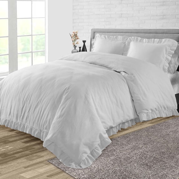 CCNY 1000 TC 100% Egyptian Cotton Duvet Cover with 2 Matching Pillowcases Oversized Queen Size Trimmed Ruffle Pattern, Zipper Closure, Corner Ties (Light Grey)