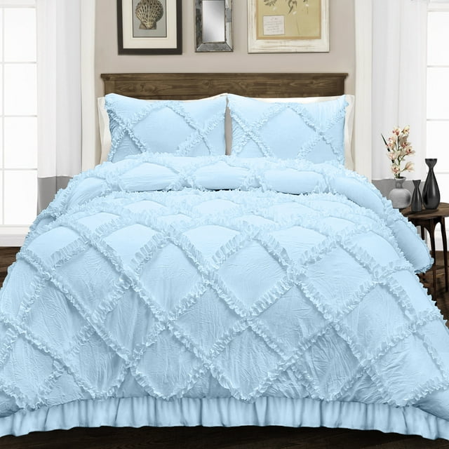 CCNY 1000 TC 100% Egyptian Cotton Duvet Cover with 2 Matching Pillowcases Queen/Full Size Diamond Ruffle Pattern, Zipper Closure, Corner Ties (Light Blue)