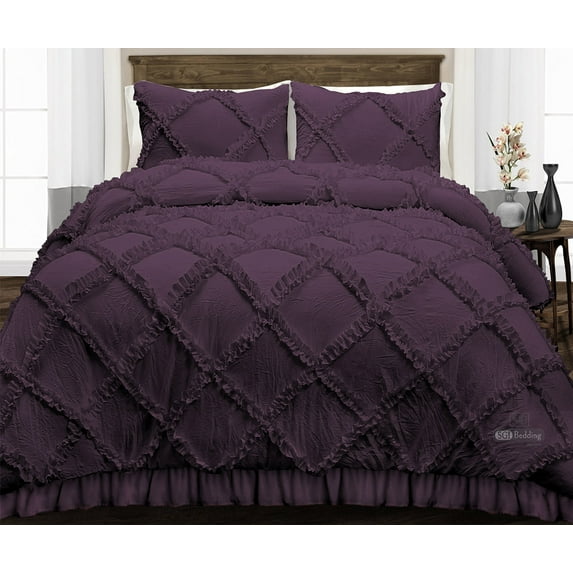 CCNY 1000 TC Egyptian Cotton Comforter with 2 Matching Pillowcases Size- California King Plum Diamond Ruffle Pattern Breathable Quilted Case