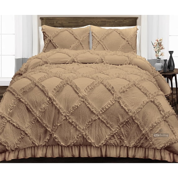 CCNY 1000 TC Egyptian Cotton Comforter with 2 Matching Pillowcases Size- California King Taupe Diamond Ruffle Pattern Breathable Quilted Case
