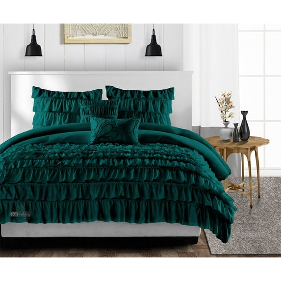 CCNY 1000 TC Egyptian Cotton Comforter with 2 Matching Pillowcases Size- Full Teal Multi Ruffle Pattern Breathable Quilted Case