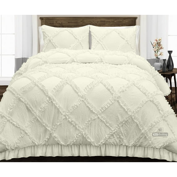 CCNY 1000 TC Egyptian Cotton Comforter with 2 Matching Pillowcases Size- Oversized Queen Ivory Diamond Ruffle Pattern Breathable Quilted Case