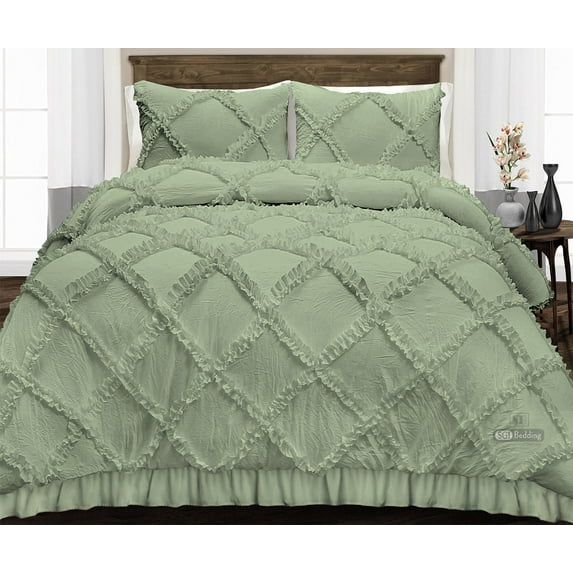 CCNY 1000 TC Egyptian Cotton Comforter with 2 Matching Pillowcases Size- Twin Moss Diamond Ruffle Pattern Breathable Quilted Case