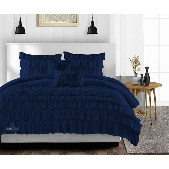 CCNY 1000 TC Egyptian Cotton Comforter with 2 Matching Pillowcases Size- Twin XL Navy Blue Multi Ruffle Pattern Breathable Quilted Case