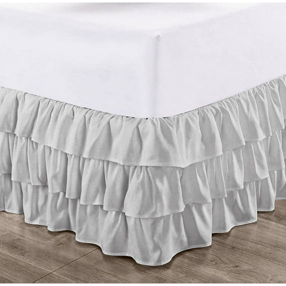 CCNY 14" Inch Drop Multi Ruffled Bed Skirt King Size 100% Microfiber Made Light Grey Color