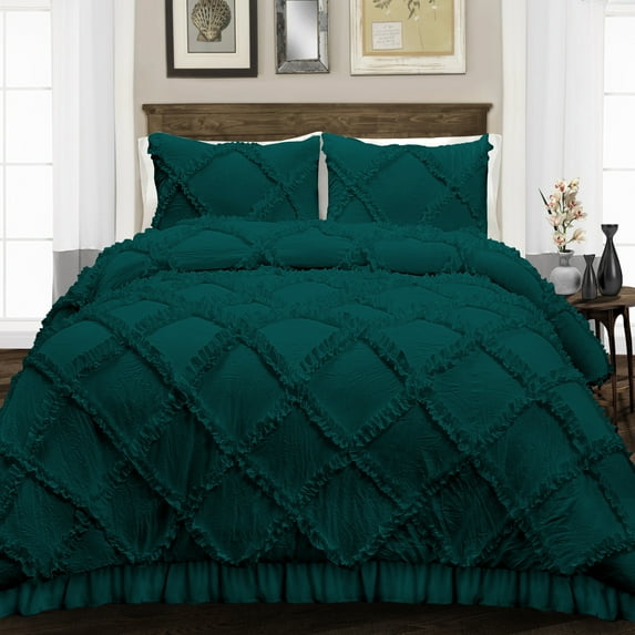 CCNY 600 TC 100% Egyptian Cotton Duvet Cover with 2 Matching Pillowcases Oversized Queen Size Diamond Ruffle Pattern, Zipper Closure, Corner Ties (Teal)