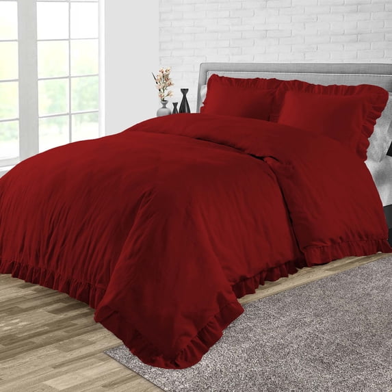 CCNY 600 TC 100% Egyptian Cotton Duvet Cover with 2 Matching Pillowcases Oversized Queen Size Trimmed Ruffle Pattern, Zipper Closure, Corner Ties (Burgundy)
