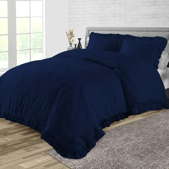 CCNY 600 TC 100% Egyptian Cotton Duvet Cover with 2 Matching Pillowcases Super King Size Trimmed Ruffle Pattern, Zipper Closure, Corner Ties (Navy Blue)