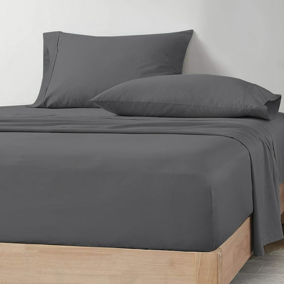 CCNY 600 TC Egyptian Cotton Bed Sheets, Luxurious Soft for Hotel Quality 4Pc Sheet Set - 1 Fitted Sheet, 1 Flat Sheet & 2 Pillowcases 21 Inch Deep Pocket (Short King-Dark Grey Solid)
