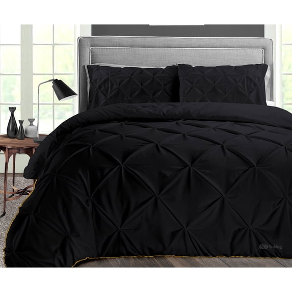 CCNY 600 TC Egyptian Cotton Comforter with 2 Matching Pillowcases Size Full Black Pinch Pattern Breathable Quilted Case