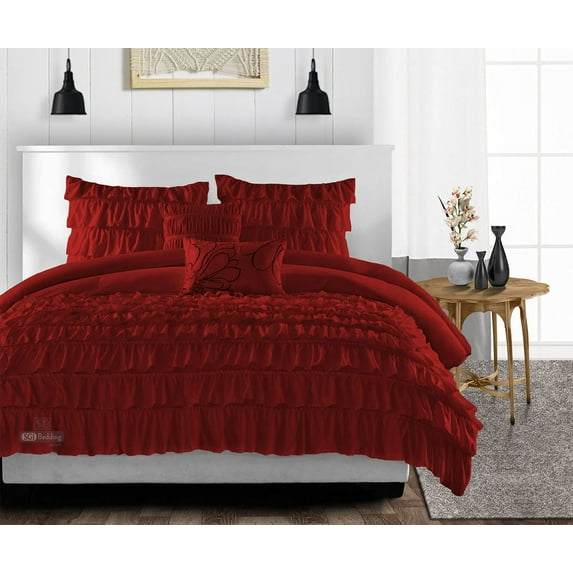 CCNY 600 TC Egyptian Cotton Comforter with 2 Matching Pillowcases Size Oversized Queen Burgundy Multi Ruffle Pattern Breathable Quilted Case