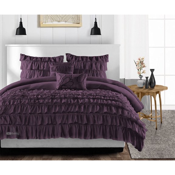 CCNY 600 TC Egyptian Cotton Comforter with 2 Matching Pillowcases Size Queen Plum Multi Ruffle Pattern Breathable Quilted Case