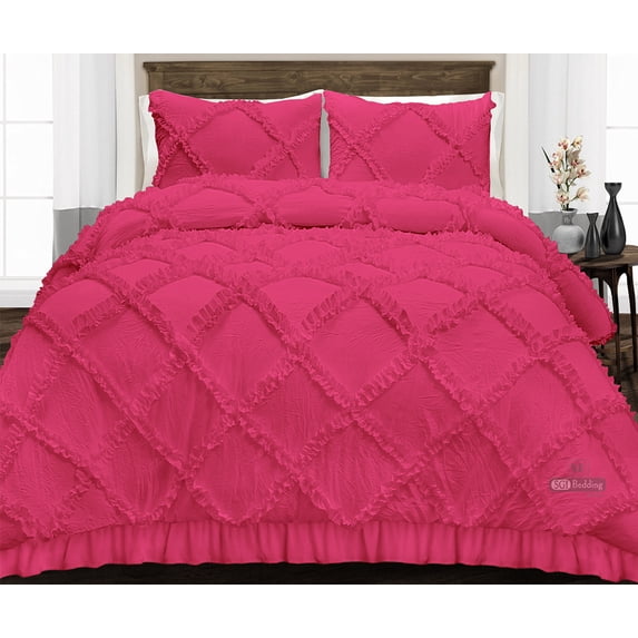 CCNY 600 TC Egyptian Cotton Comforter with 2 Matching Pillowcases Size SKP Plus Hot Pink Diamond Ruffle Pattern Breathable Quilted Case