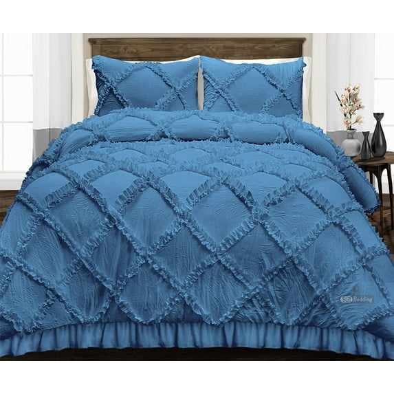 CCNY 1000 TC Egyptian Cotton Comforter with 2 Matching Pillowcases Size- Twin Mediterranean Blue Diamond Ruffle Pattern Breathable Quilted Case