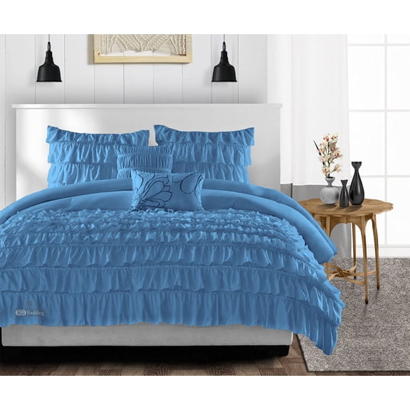 CCNY 600 TC Egyptian Cotton Comforter with 2 Matching Pillowcases Size Twin XL Mediterranean Blue Multi Ruffle Pattern Breathable Quilted Case