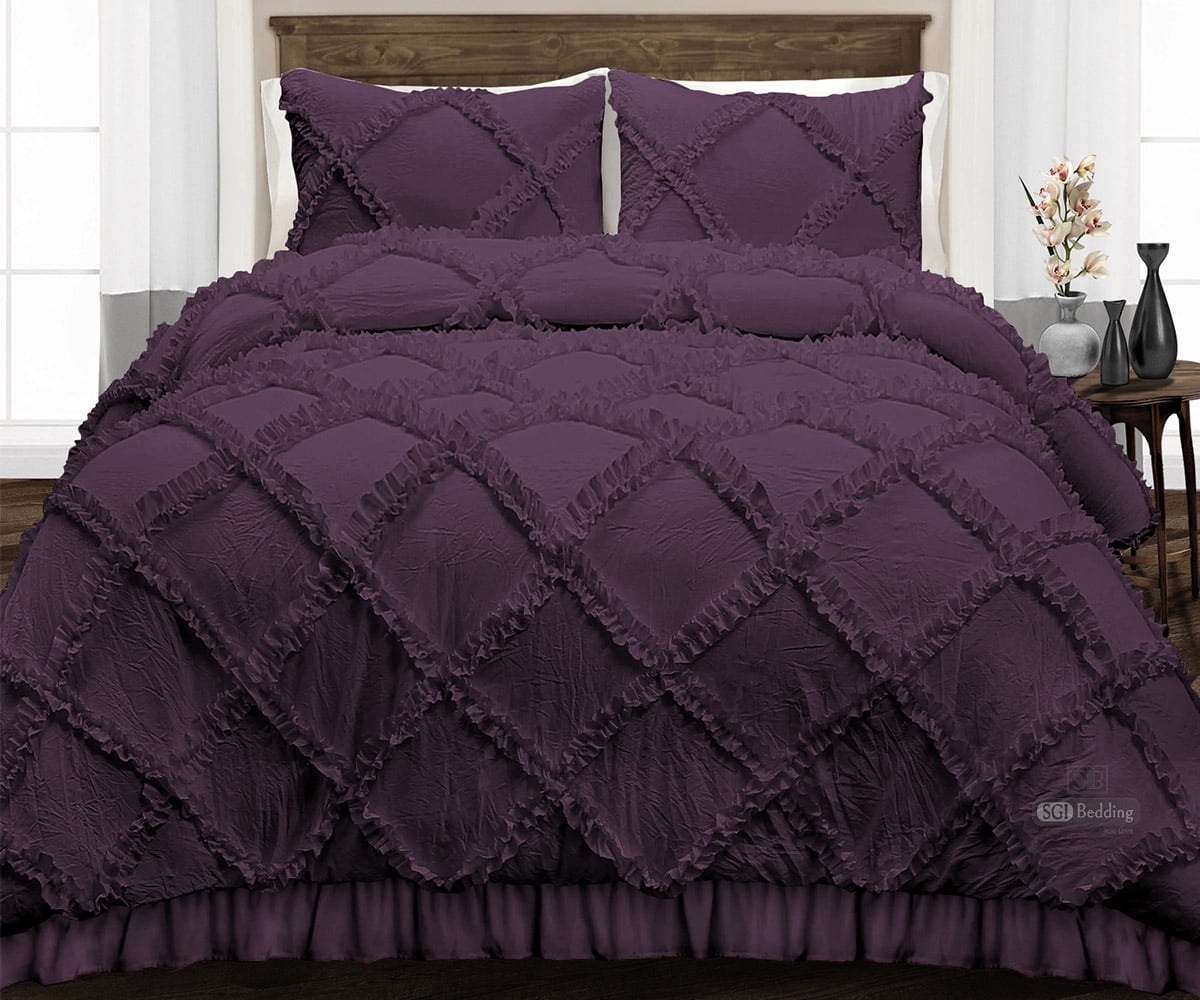 CCNY 600 TC Egyptian Cotton Comforter with 2 Pillowcovers Size Full Plum Diamond Ruffle Pattern
