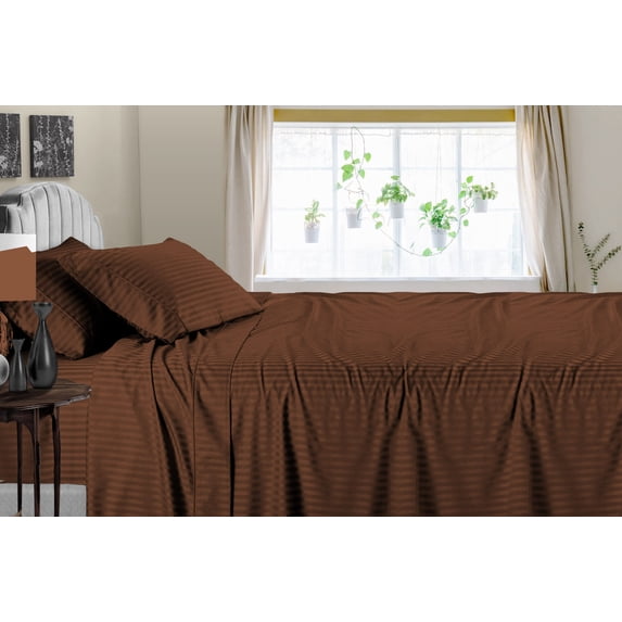 CCNY Alaskan King Size Egyptian Cotton Bed Sheets 600 TC 4pc Sheet Set Chocolate Striped 15 Inch Deep Pocket