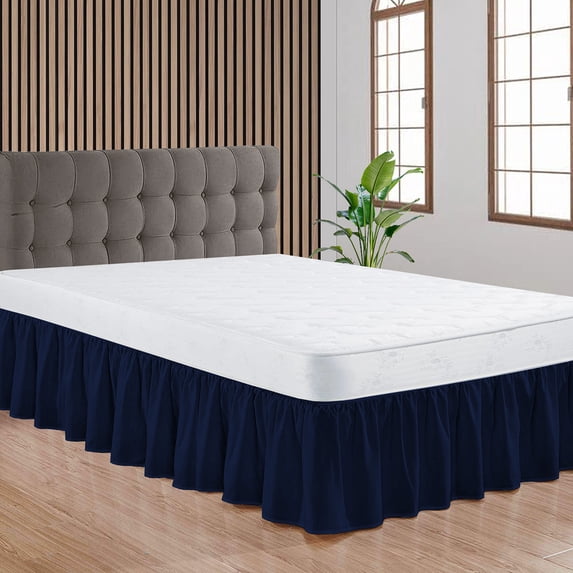 CCNY Bed Skirt Dust Ruffled Style Bedskirt Short Queen Adjustable Elastic 21" Inch Drop Length Microfiber Made Navy Blue Bedskirts