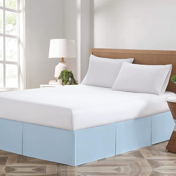 CCNY Magic Bed Skirt 16 Inch Drop Pleated Pattern With Split Corners Microfiber Bed Skirts (Olympic - Queen-Light Blue)