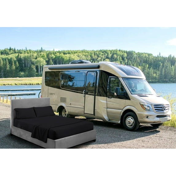 CCNY RV Sheet Set Bunk 30X76" Cot Bed 600 TC Egyptian Cotton Solid Camper 4PC Hotal Feel Sheets 12" Deep Pocket Black